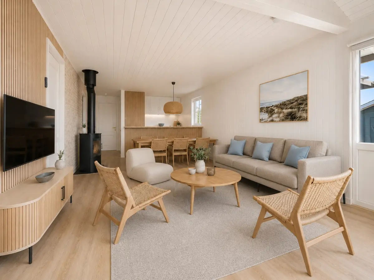 Visualisering af stuen i Vejlby Klit efter indretning